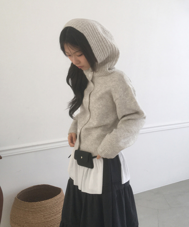 ハイネックボタンフードカーディガン GREY