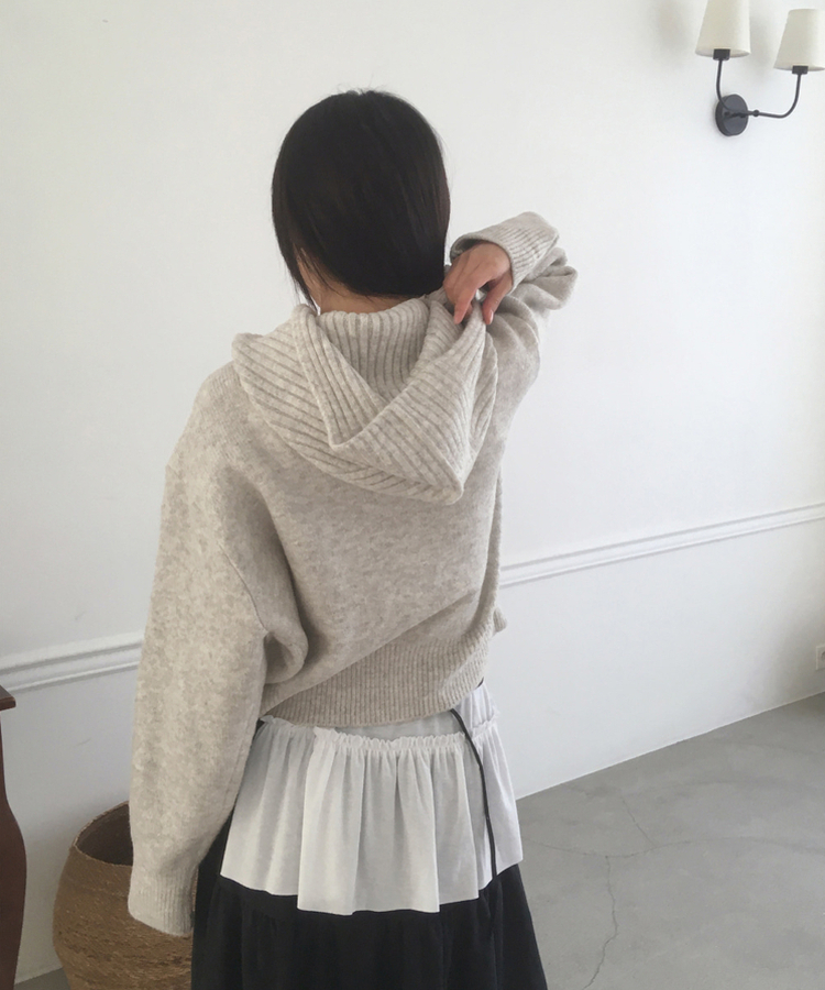 ハイネックボタンフードカーディガン GREY