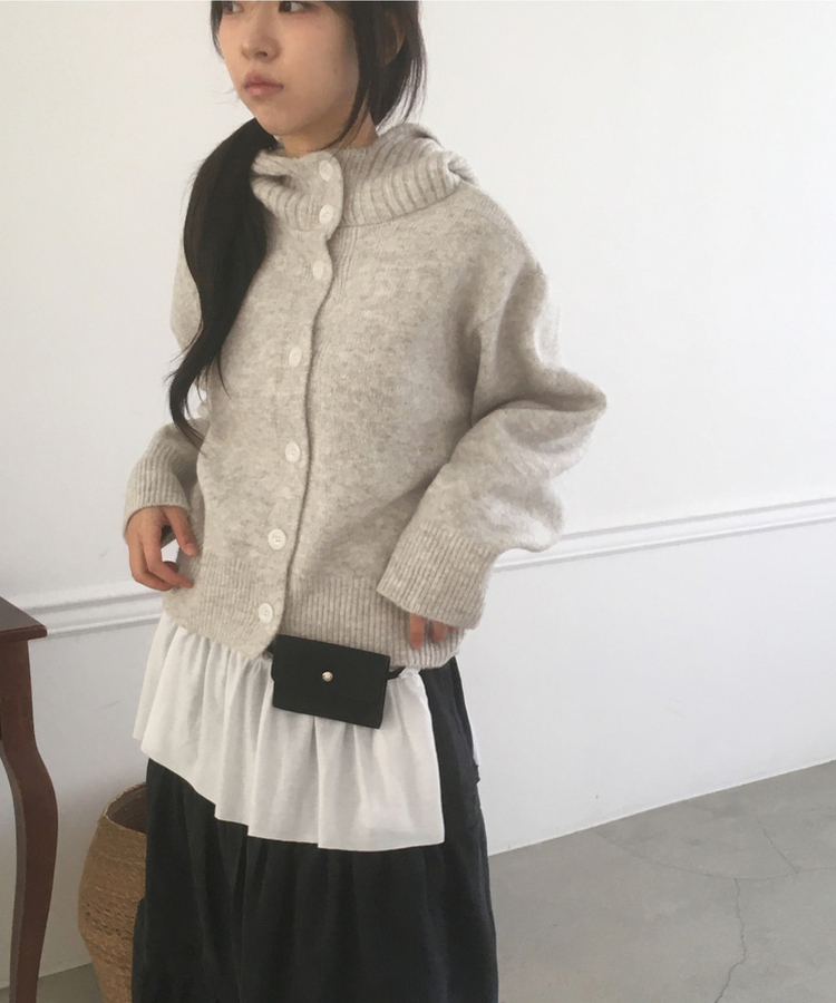 ハイネックボタンフードカーディガン GREY