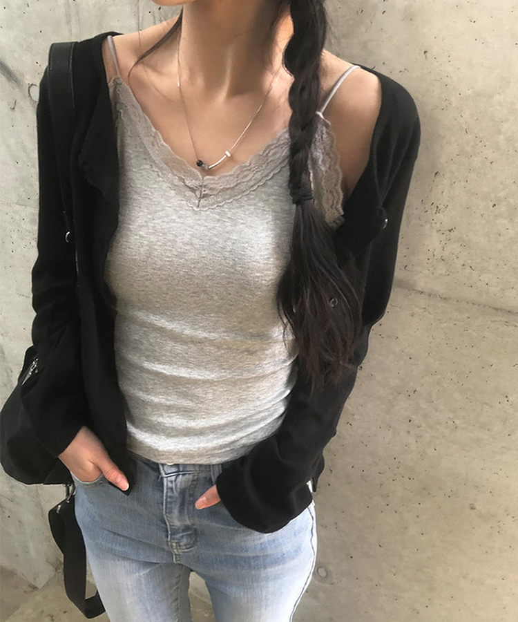 【カップ付き】レースレイヤードキャミソール GREY