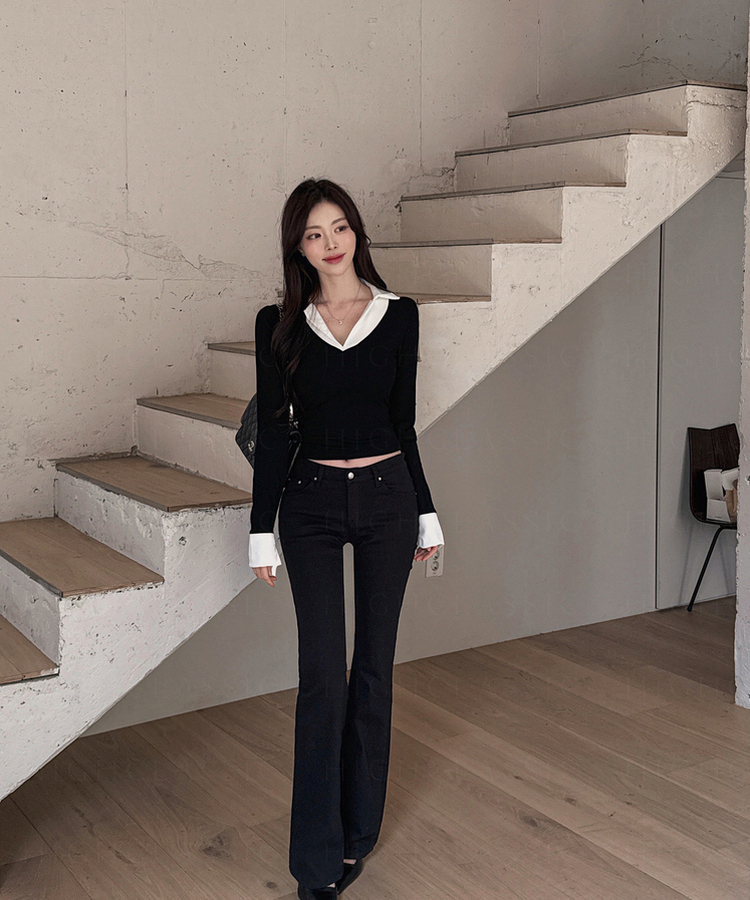 Vネックシャツスリットレイヤード長袖Tシャツ BLACK