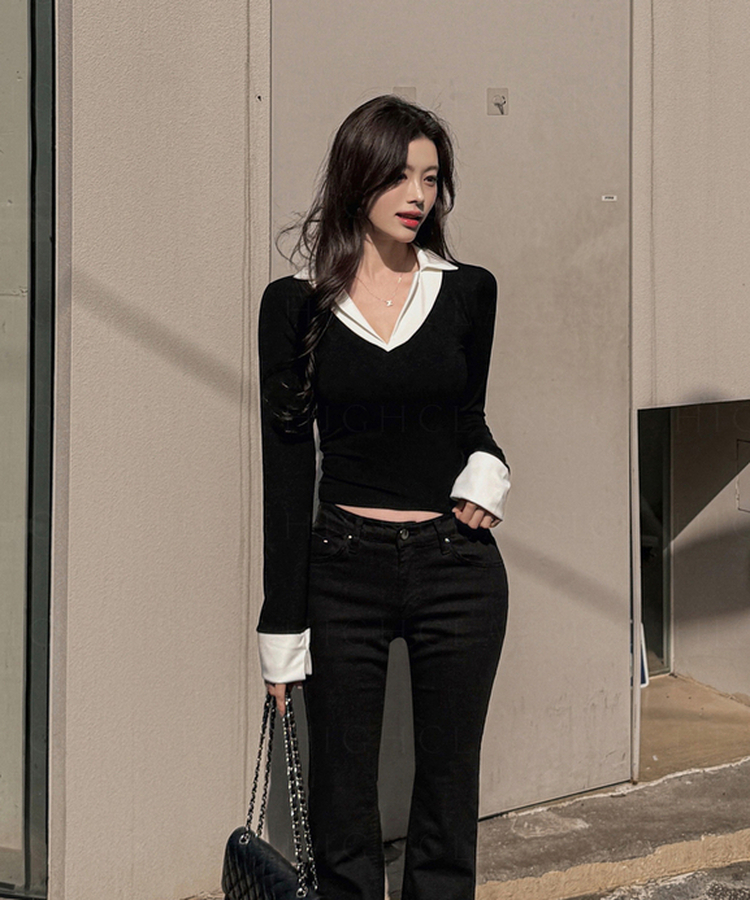 Vネックシャツスリットレイヤード長袖Tシャツ BLACK