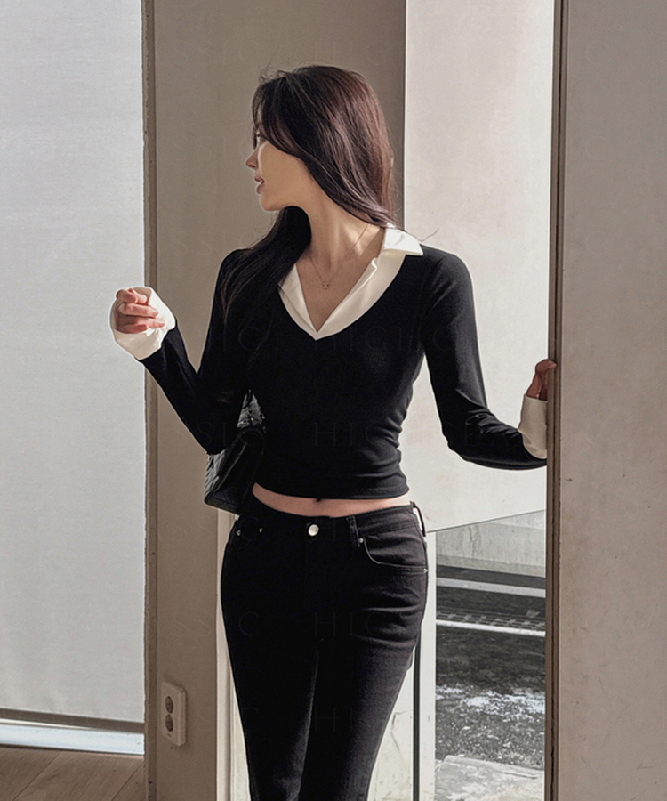 Vネックシャツスリットレイヤード長袖Tシャツ BLACK