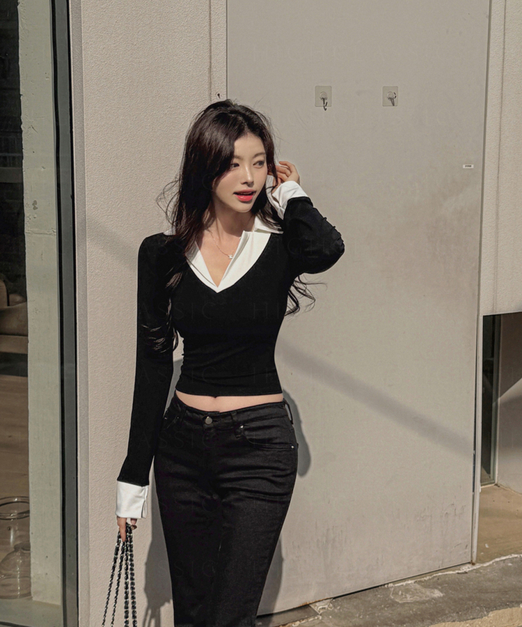 Vネックシャツスリットレイヤード長袖Tシャツ BLACK