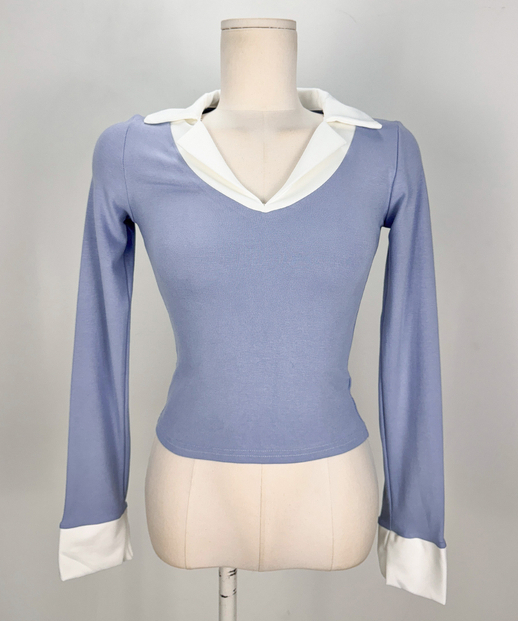Vネックシャツスリットレイヤード長袖Tシャツ