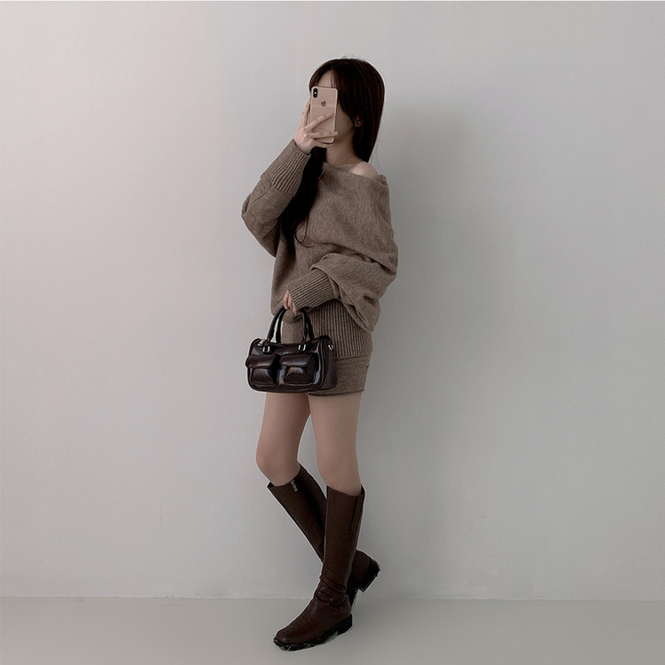 【SET】オフショルダーニット バンディングショートパンツ BEIGE