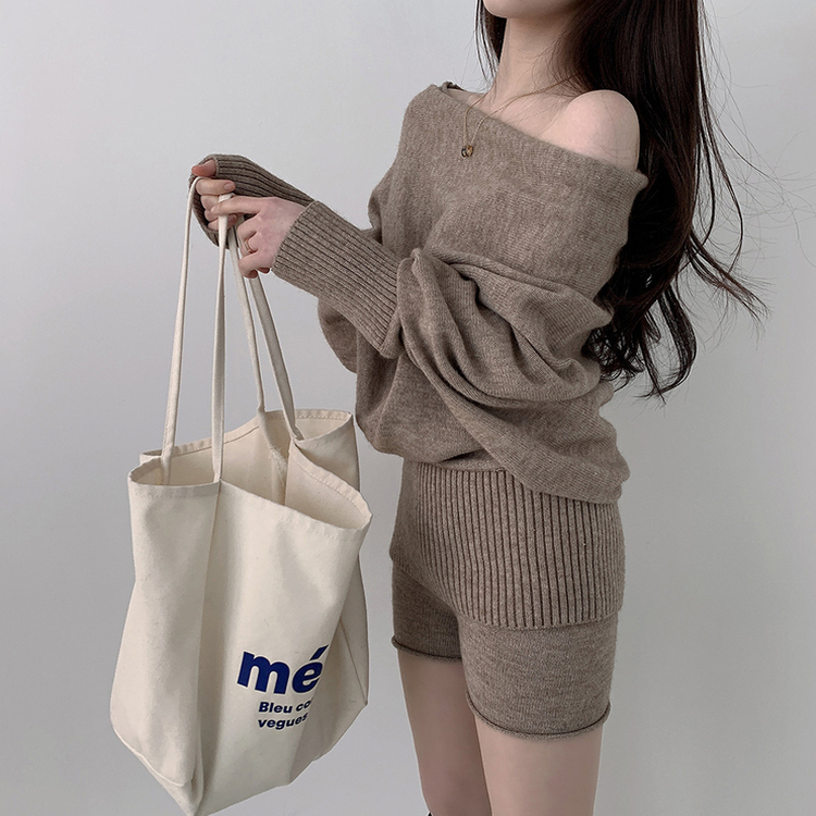 【SET】オフショルダーニット バンディングショートパンツ BEIGE