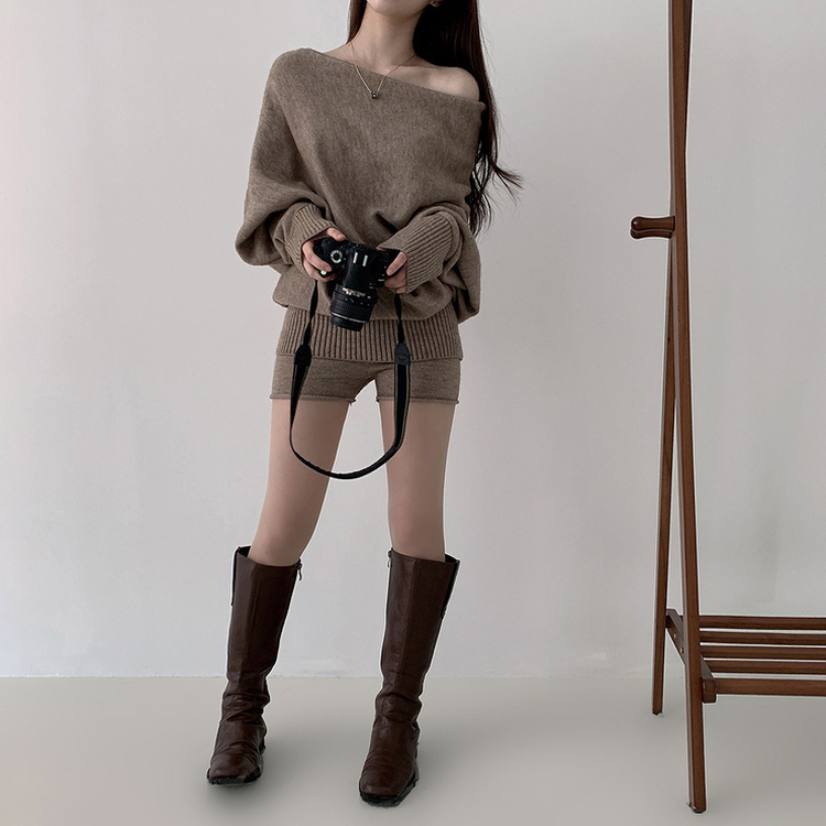 【SET】オフショルダーニット バンディングショートパンツ BEIGE