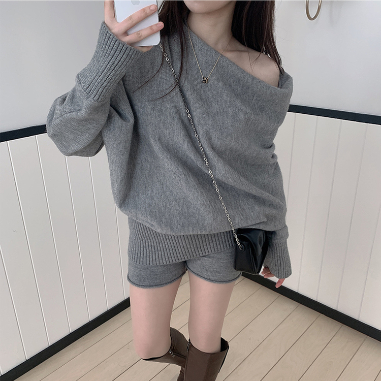 【SET】オフショルダーニット バンディングショートパンツ GREY