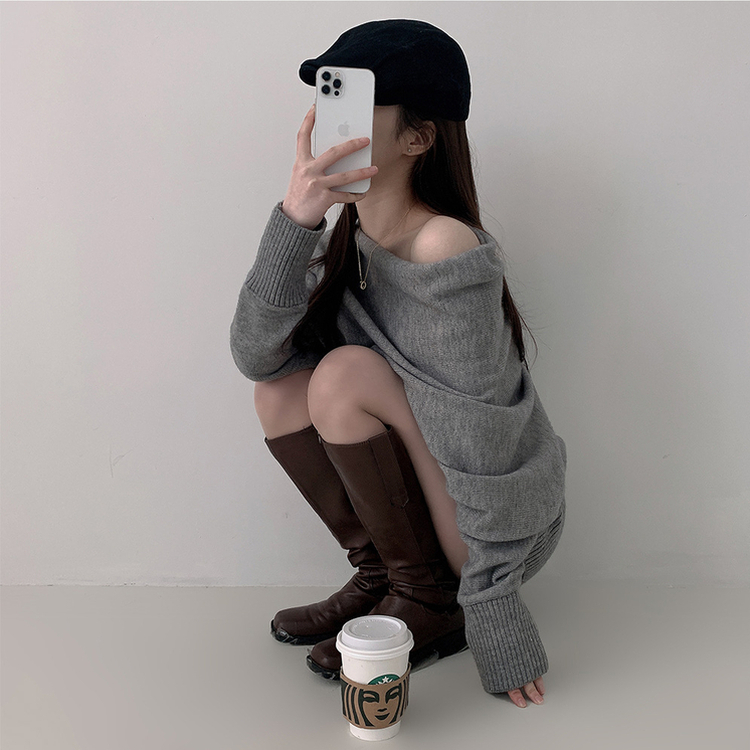 【SET】オフショルダーニット バンディングショートパンツ GREY