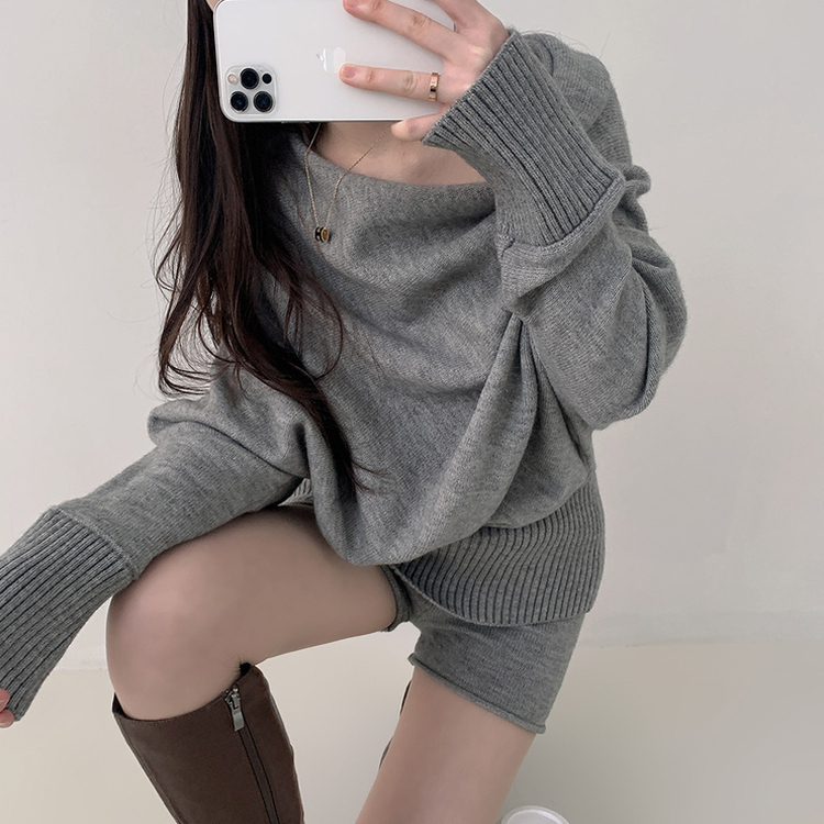 【SET】オフショルダーニット バンディングショートパンツ GREY