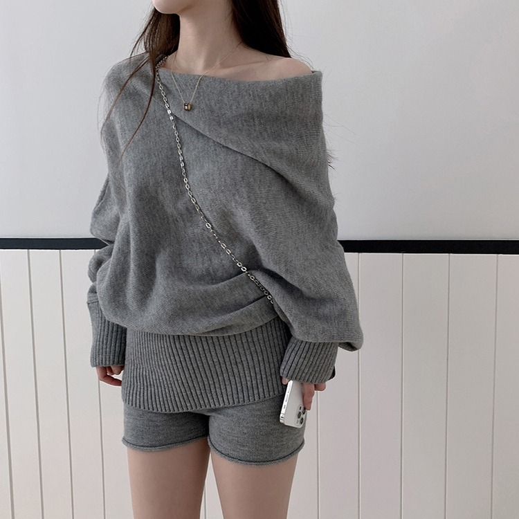 【SET】オフショルダーニット バンディングショートパンツ GREY