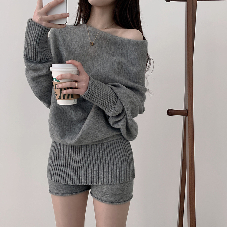 【SET】オフショルダーニット バンディングショートパンツ GREY