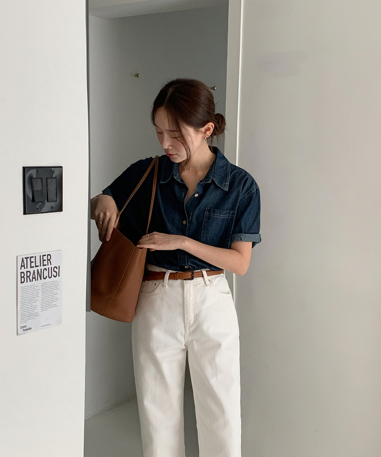 ウッドロールアップデニム半袖シャツ DARK DENIM