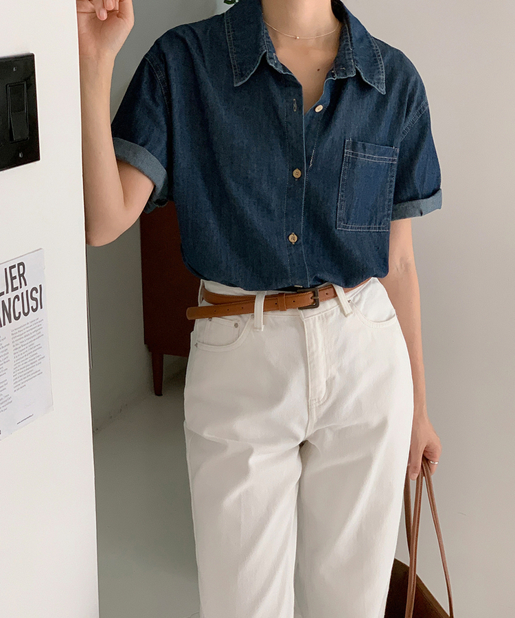 ウッドロールアップデニム半袖シャツ DARK DENIM