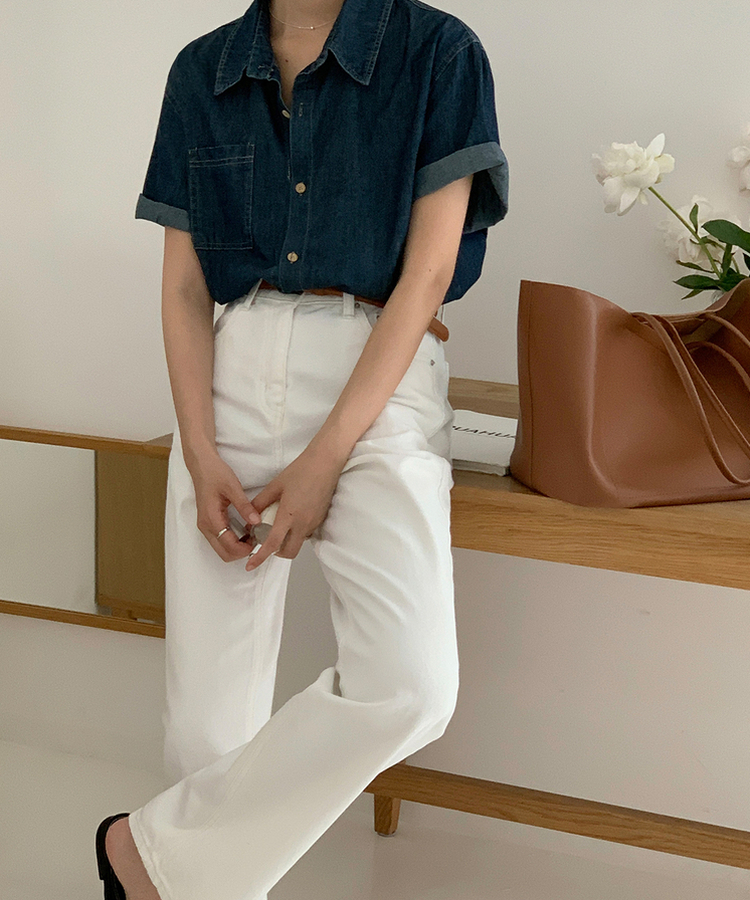 ウッドロールアップデニム半袖シャツ DARK DENIM