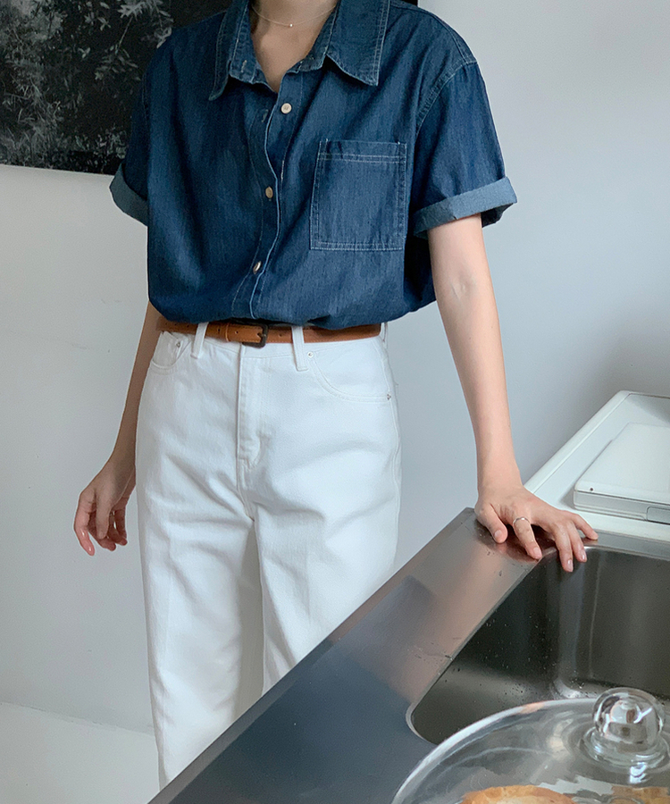 ウッドロールアップデニム半袖シャツ DARK DENIM
