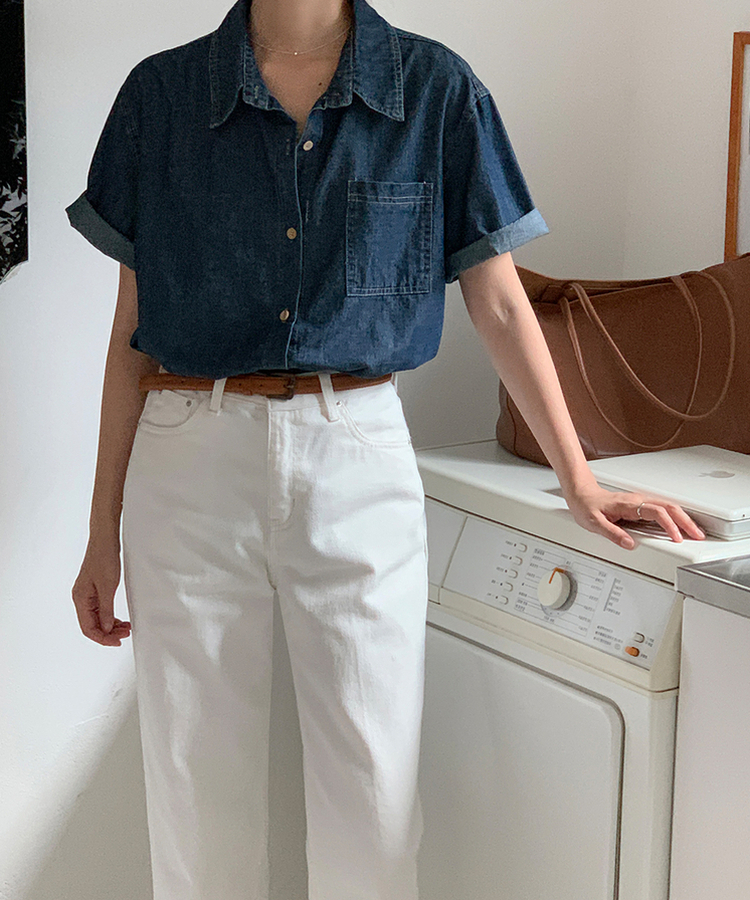 ウッドロールアップデニム半袖シャツ DARK DENIM