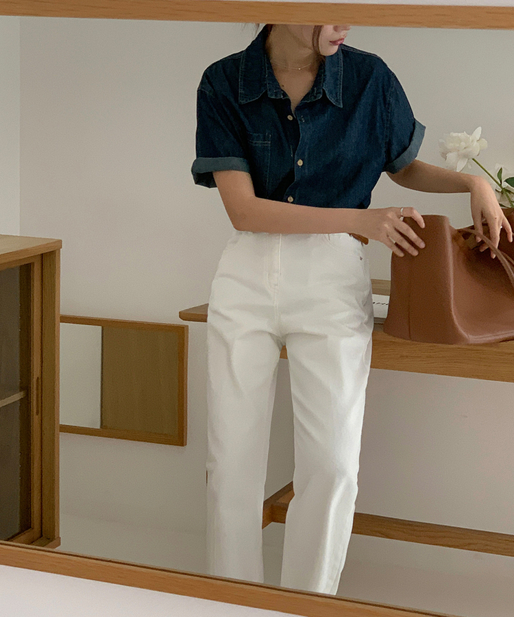 ウッドロールアップデニム半袖シャツ DARK DENIM