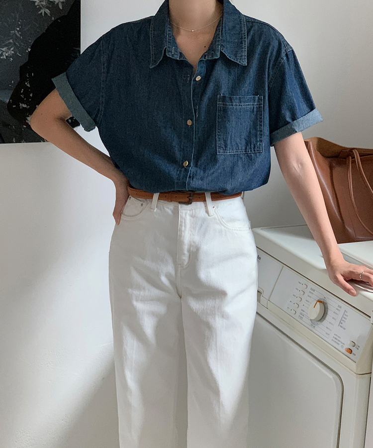 ウッドロールアップデニム半袖シャツ DARK DENIM