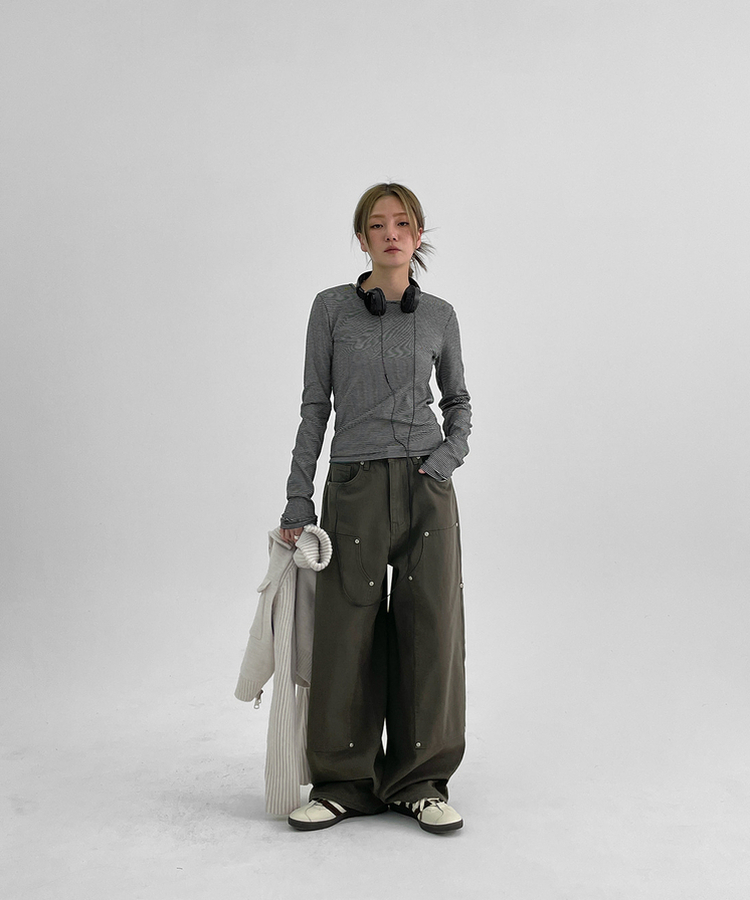 スリットワイドコットンパンツ KHAKI