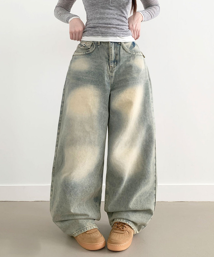 【丈別】ダメージストリングウォッシングワイドパンツ(5color) LIGHT DENIM