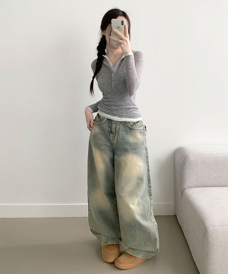 【丈別】ダメージストリングウォッシングワイドパンツ(5color) LIGHT DENIM