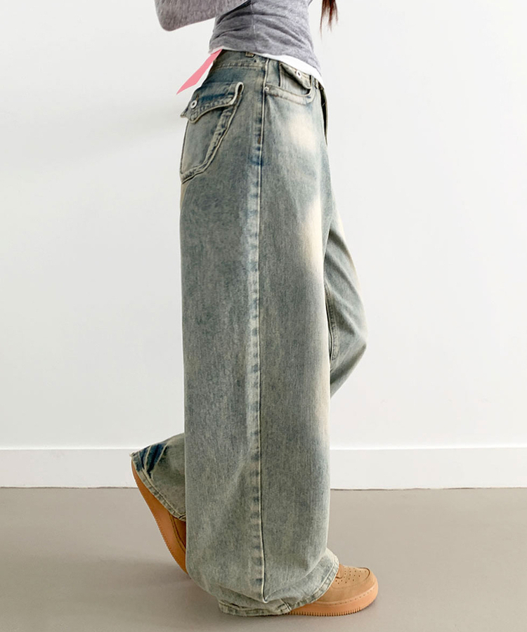 【丈別】ダメージストリングウォッシングワイドパンツ(5color) LIGHT DENIM