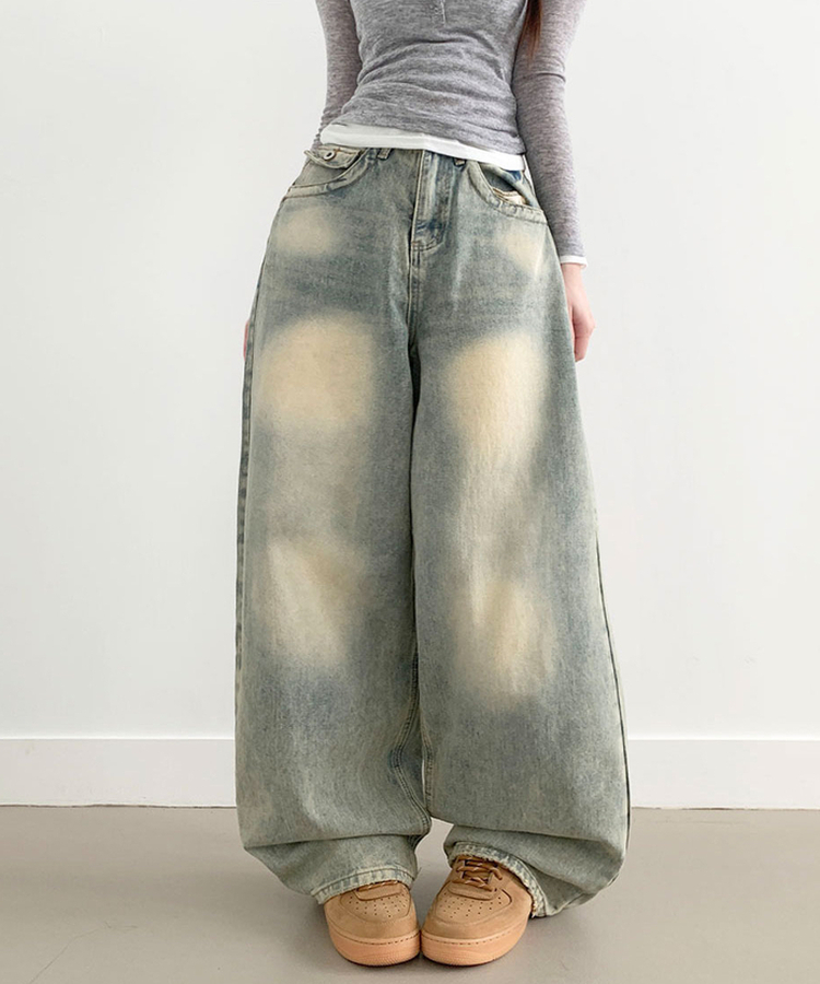 【丈別】ダメージストリングウォッシングワイドパンツ(5color) LIGHT DENIM