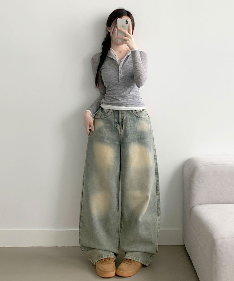 【丈別】ダメージストリングウォッシングワイドパンツ(5color) LIGHT DENIM