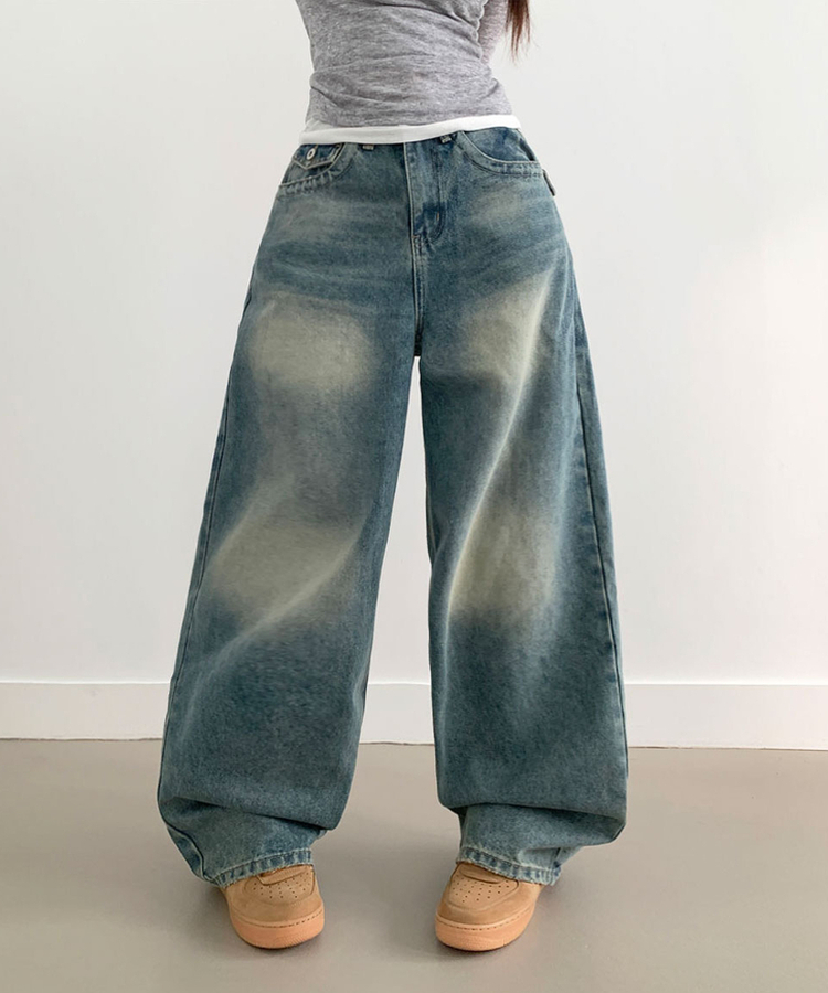 【丈別】ダメージストリングウォッシングワイドパンツ(5color) BLUE
