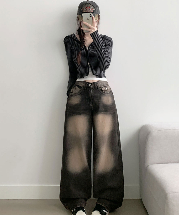 【丈別】ダメージストリングウォッシングワイドパンツ(5color) DARK BROWN