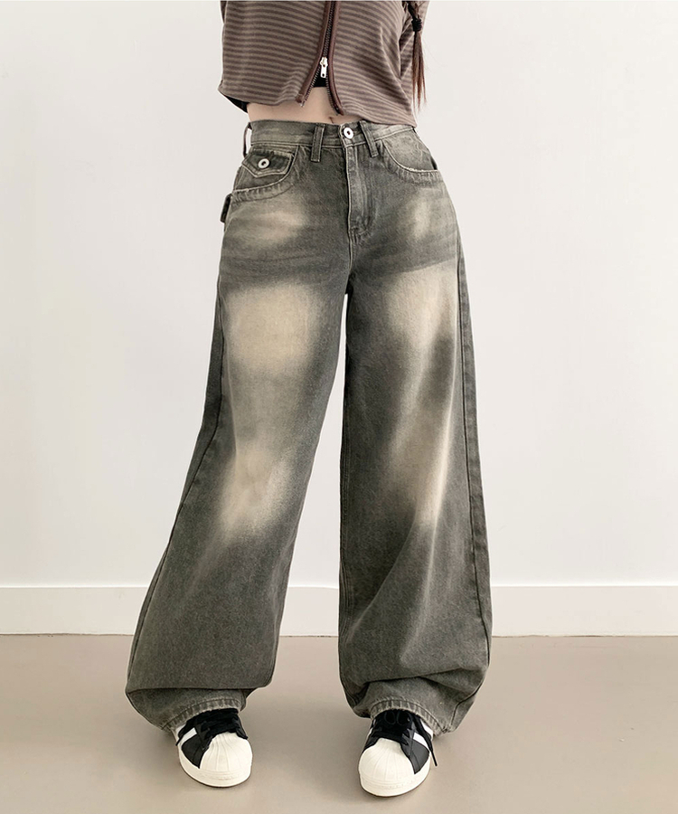 【丈別】ダメージストリングウォッシングワイドパンツ(5color) GREY