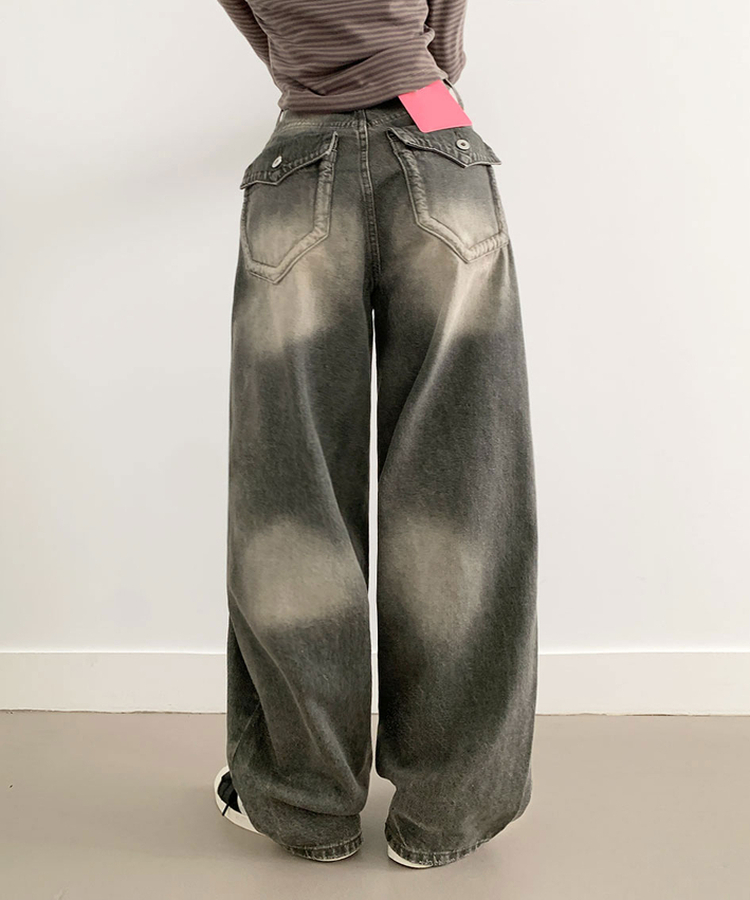 【丈別】ダメージストリングウォッシングワイドパンツ(5color) GREY