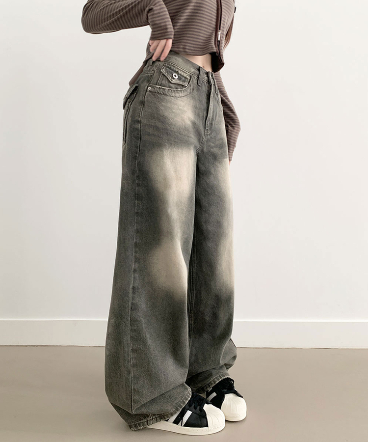 【丈別】ダメージストリングウォッシングワイドパンツ(5color) GREY