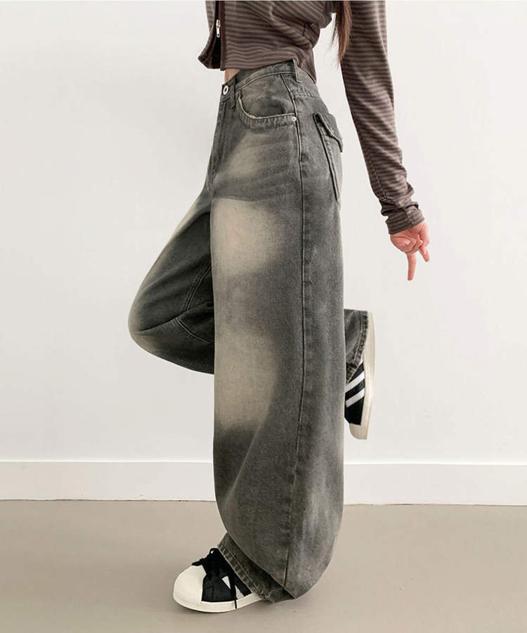 【丈別】ダメージストリングウォッシングワイドパンツ(5color) GREY