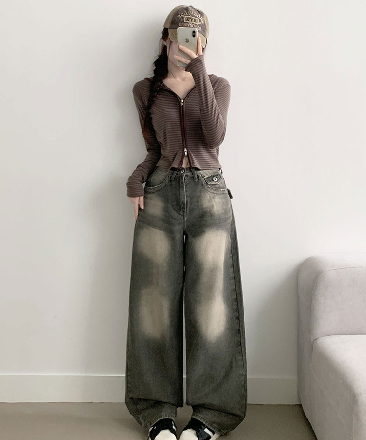 【丈別】ダメージストリングウォッシングワイドパンツ(5color) GREY