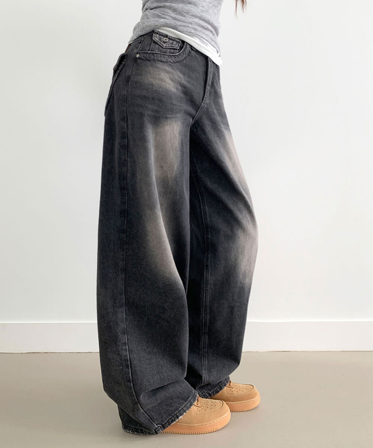 【丈別】ダメージストリングウォッシングワイドパンツ(5color) BLACK DENIM