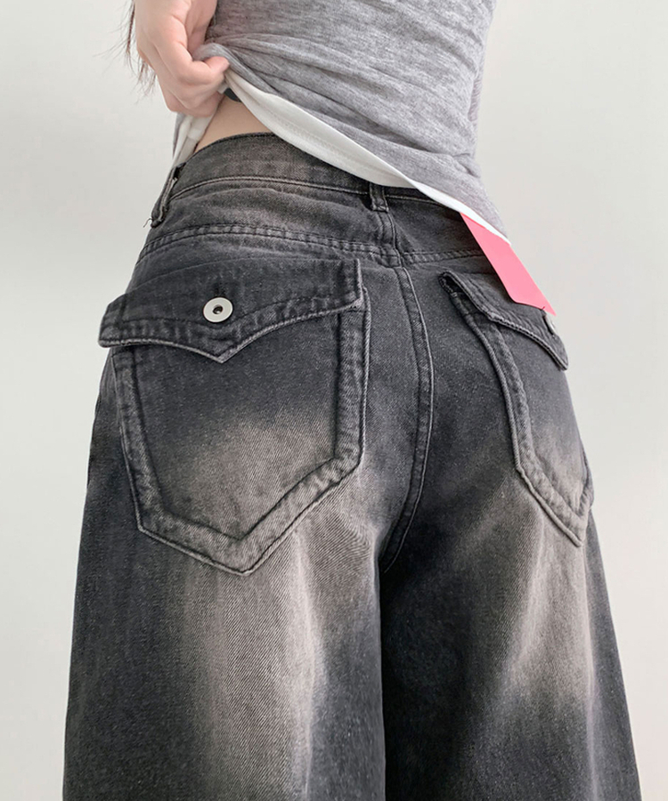 【丈別】ダメージストリングウォッシングワイドパンツ(5color) BLACK DENIM