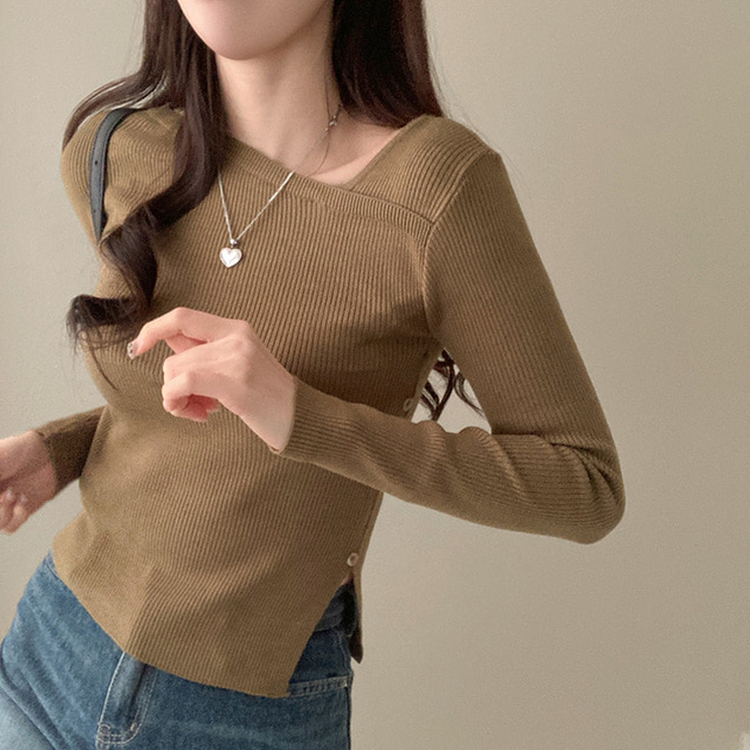 アンバランスサイドボタンニット(5color) KHAKI
