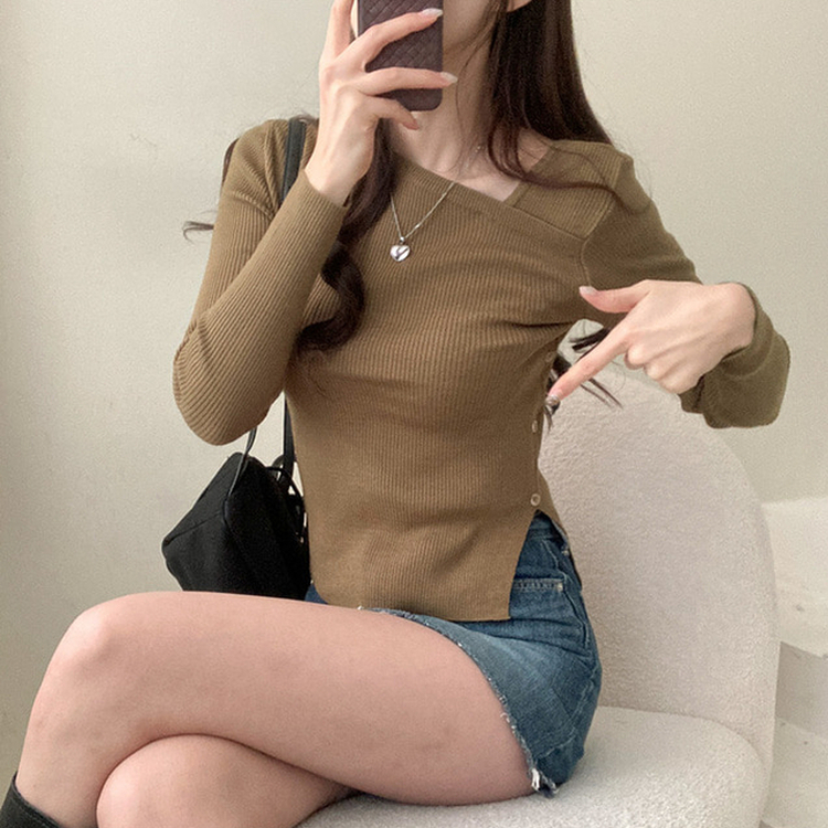 アンバランスサイドボタンニット(5color) KHAKI