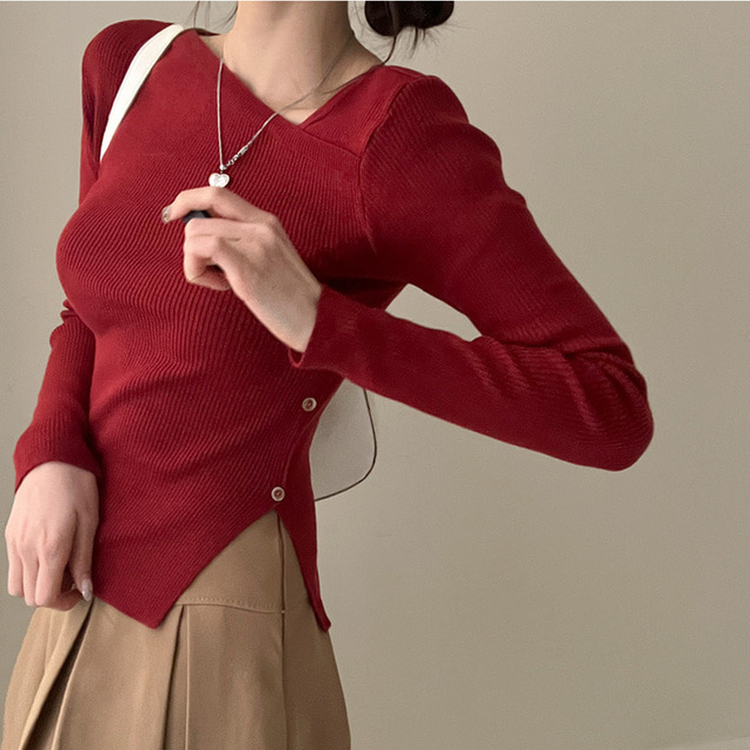 アンバランスサイドボタンニット(5color) WINE