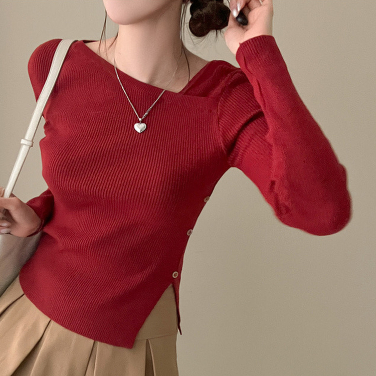 アンバランスサイドボタンニット(5color) WINE
