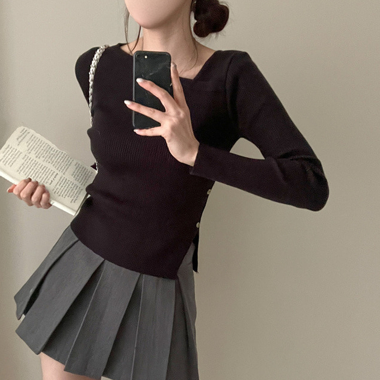 アンバランスサイドボタンニット(5color) BLACK
