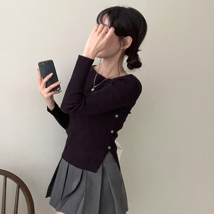 アンバランスサイドボタンニット(5color) BLACK