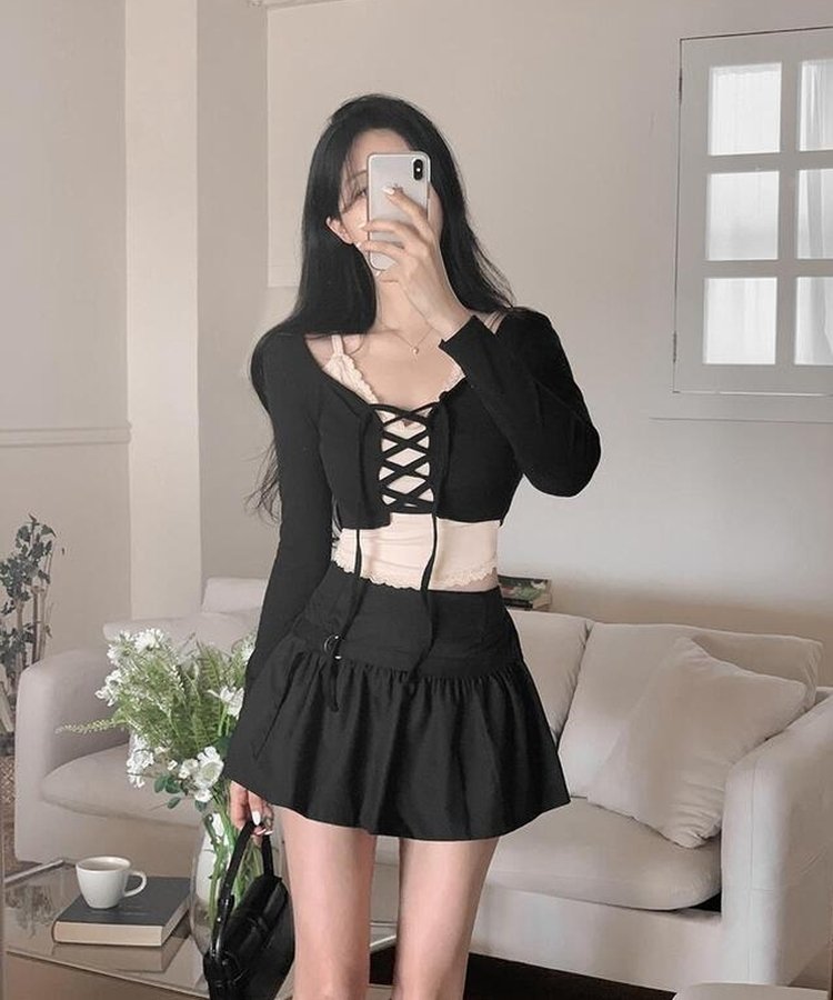 レースキャミソールアイレットTシャツ BLACK