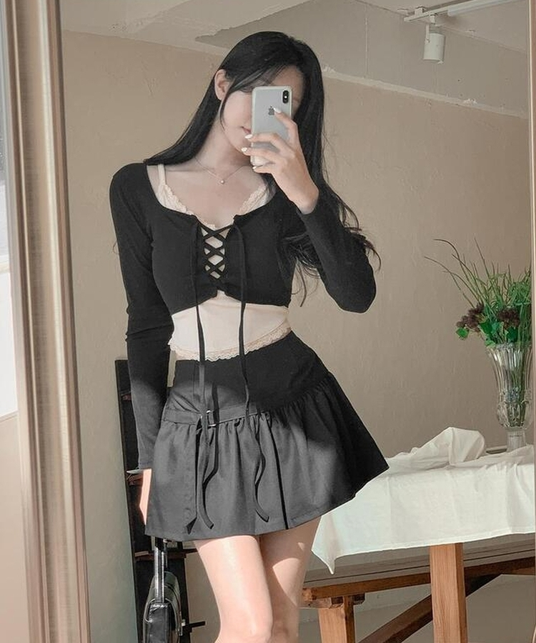 レースキャミソールアイレットTシャツ BLACK