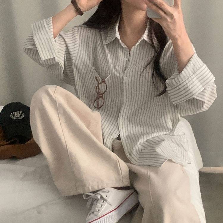 허니 스트라이프 코튼 포켓 오버핏 셔츠남방 3color 블랙