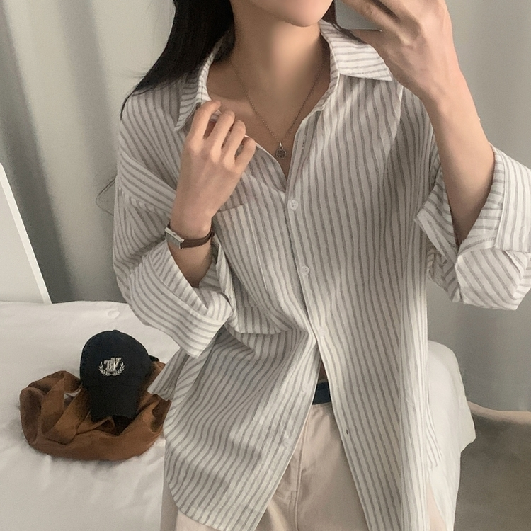 허니 스트라이프 코튼 포켓 오버핏 셔츠남방 3color 블랙
