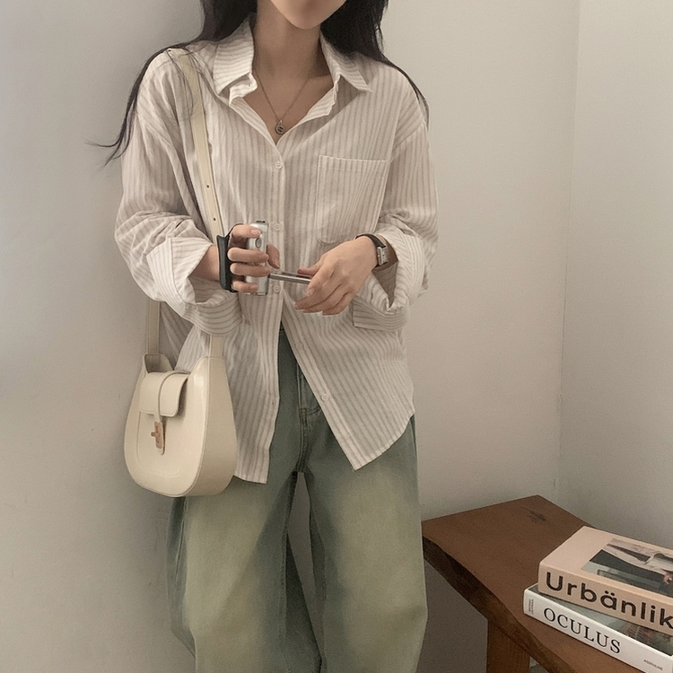 허니 스트라이프 코튼 포켓 오버핏 셔츠남방 3color 베이지
